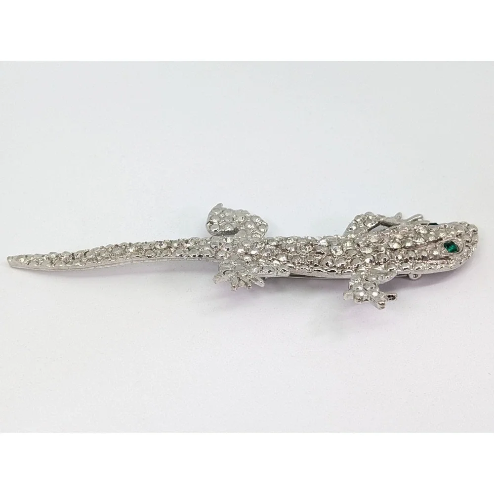 Antique Art Deco 1920-1930's Rhinestone‎ Lizard Brooch Pin Long Green Eyes